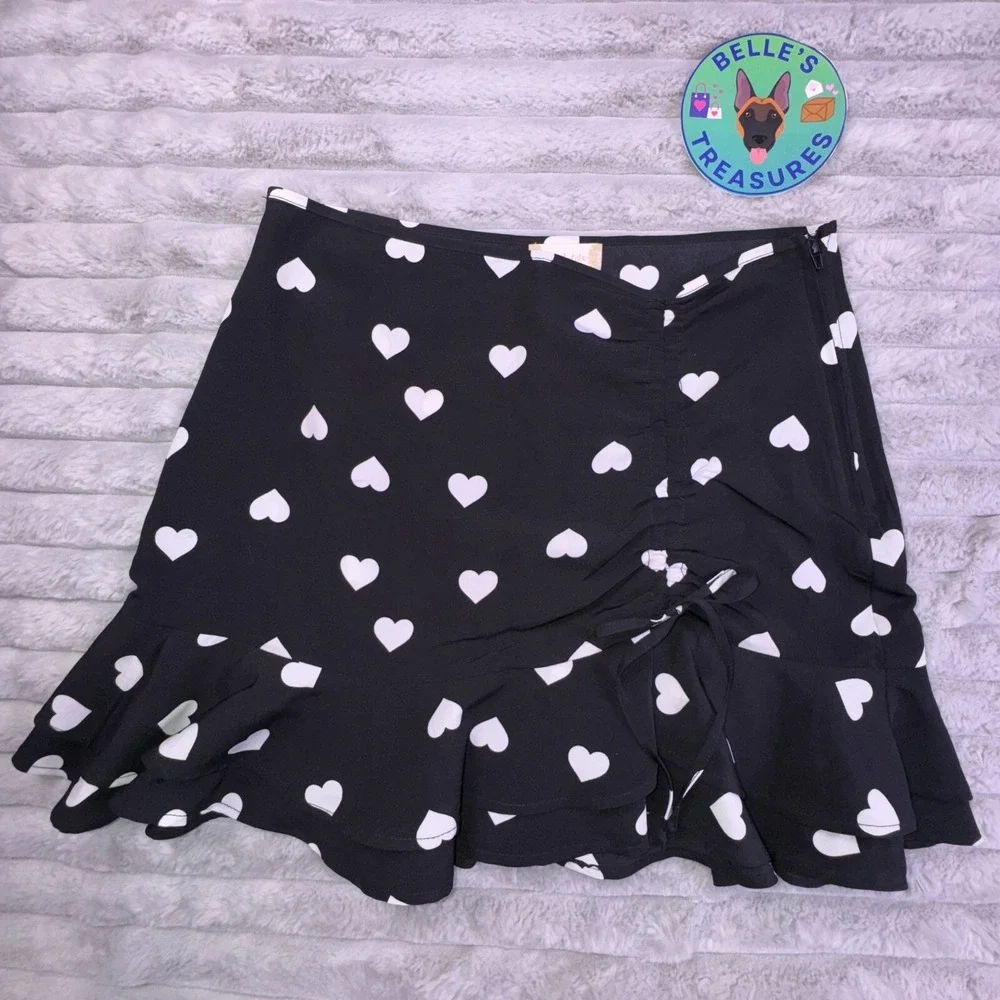 Altar'd State Mini Skirt‎ Medium Black White Heart AOP Ruffle Hem Coquette Y2K